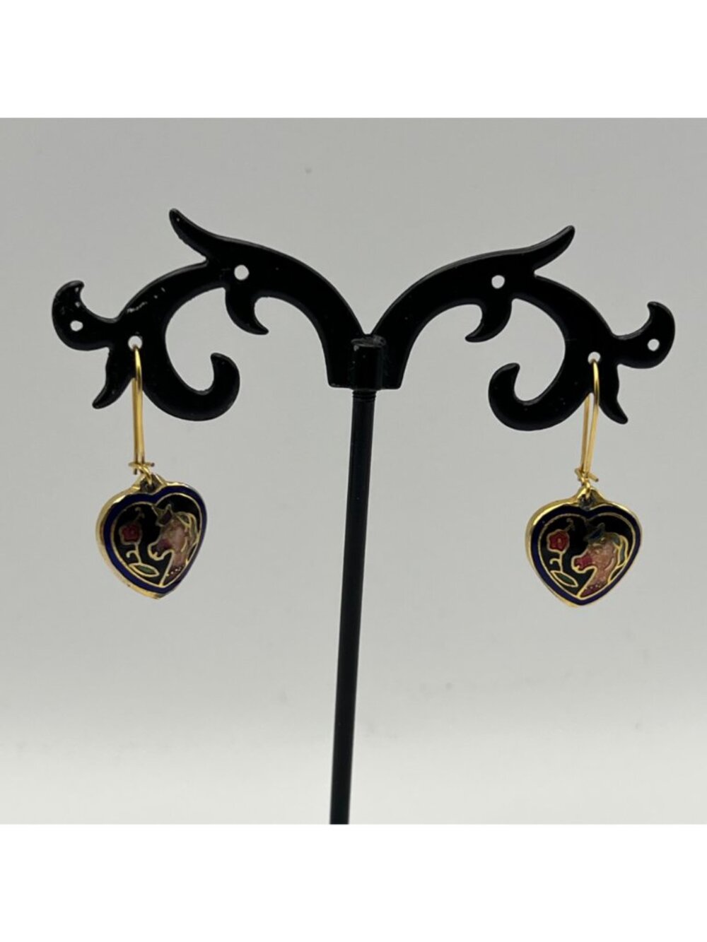 Heart-Shape Cloisonné Earrings Unicorn Gold-Tone Double-Sided Cobalt Blue Black - Picture 4 of 10